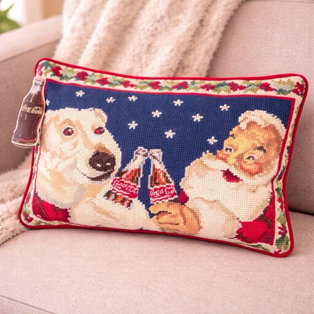 Vintage Coca Cola Needlepoint Pillow Santa Polar Bear Coke Christmas Kitsch NWT
